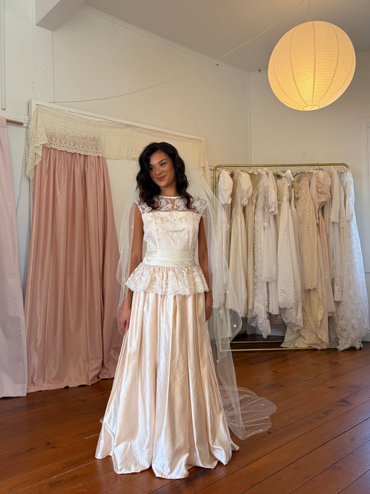 Vintage 80s Gunne Sax Baby pink satin gown with white lace trim