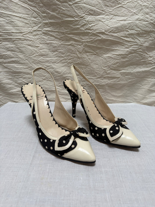 Vintage Moschino black & white polkadot slingback heels