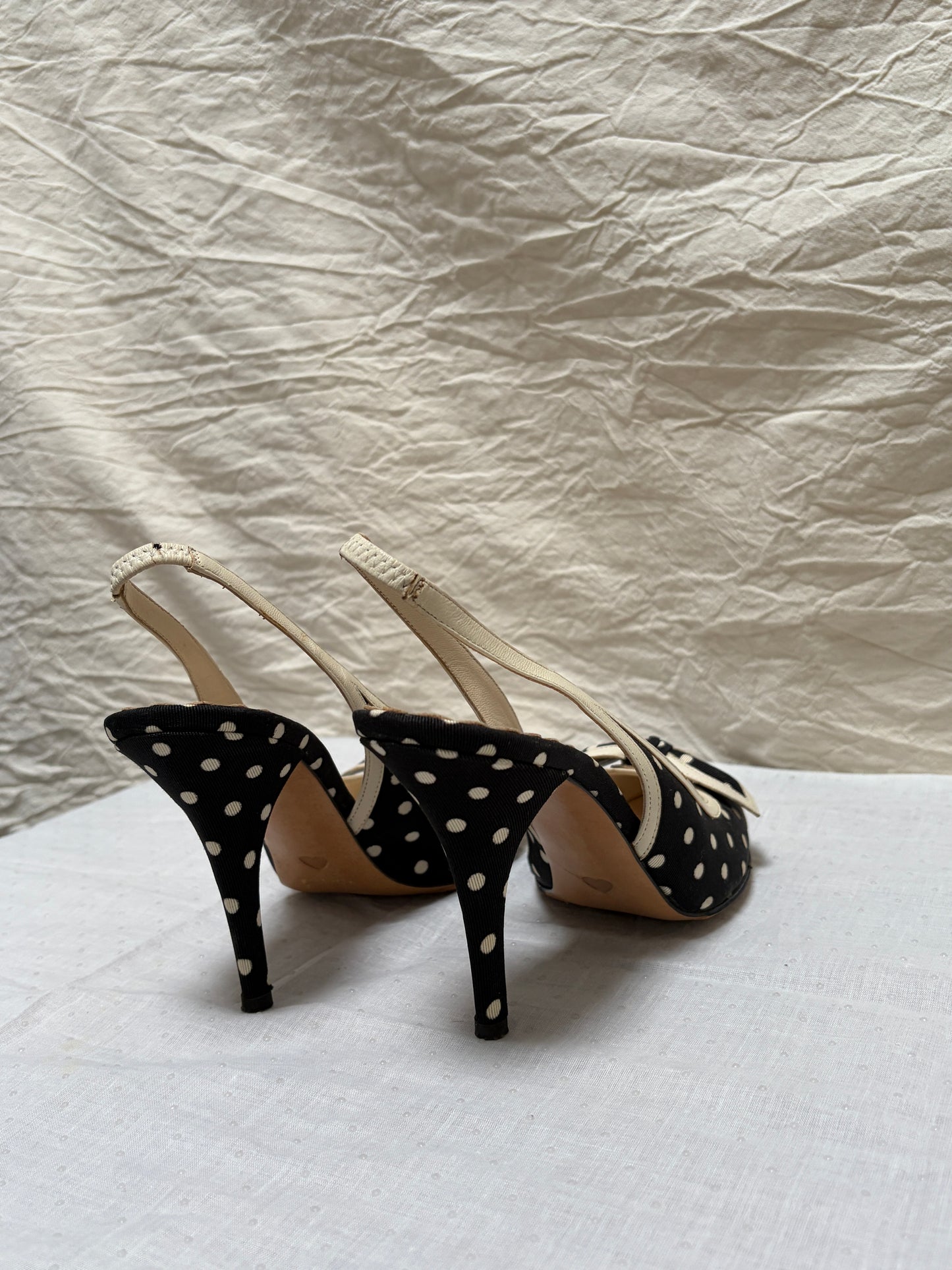 Vintage Moschino black & white polkadot slingback heels