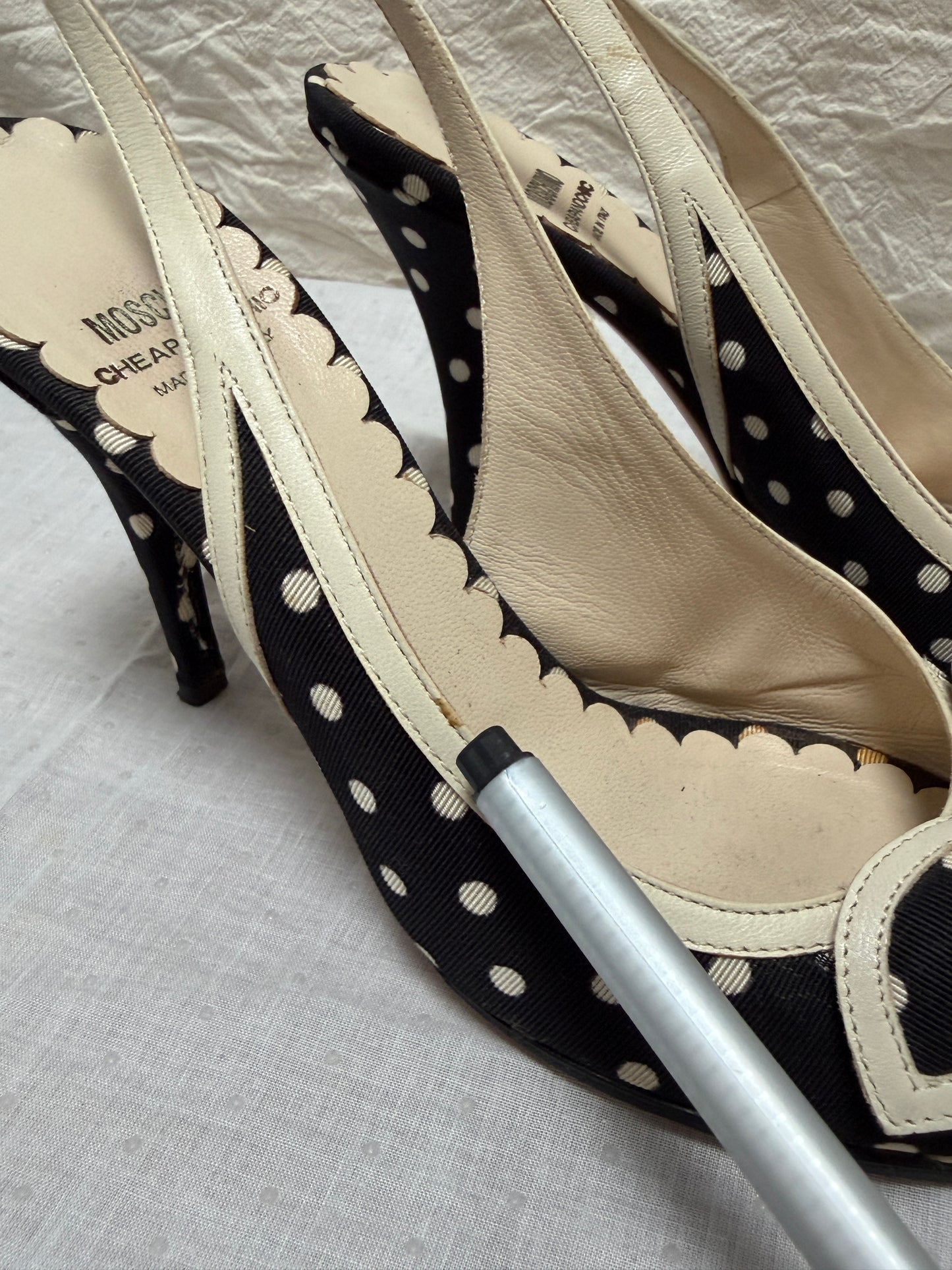 Vintage Moschino black & white polkadot slingback heels