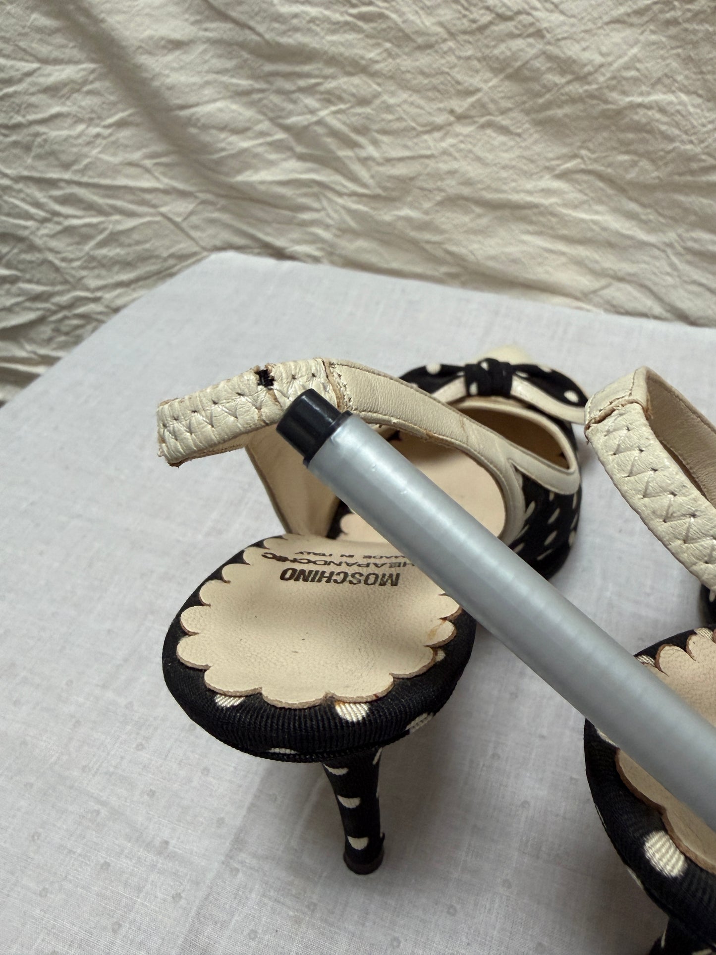 Vintage Moschino black & white polkadot slingback heels