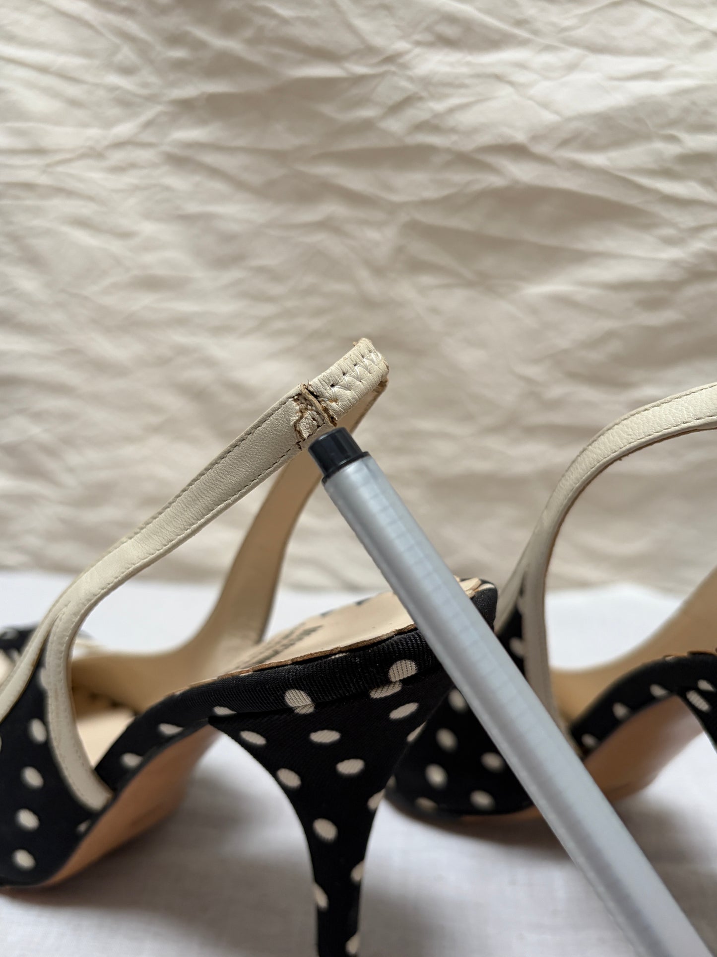 Vintage Moschino black & white polkadot slingback heels