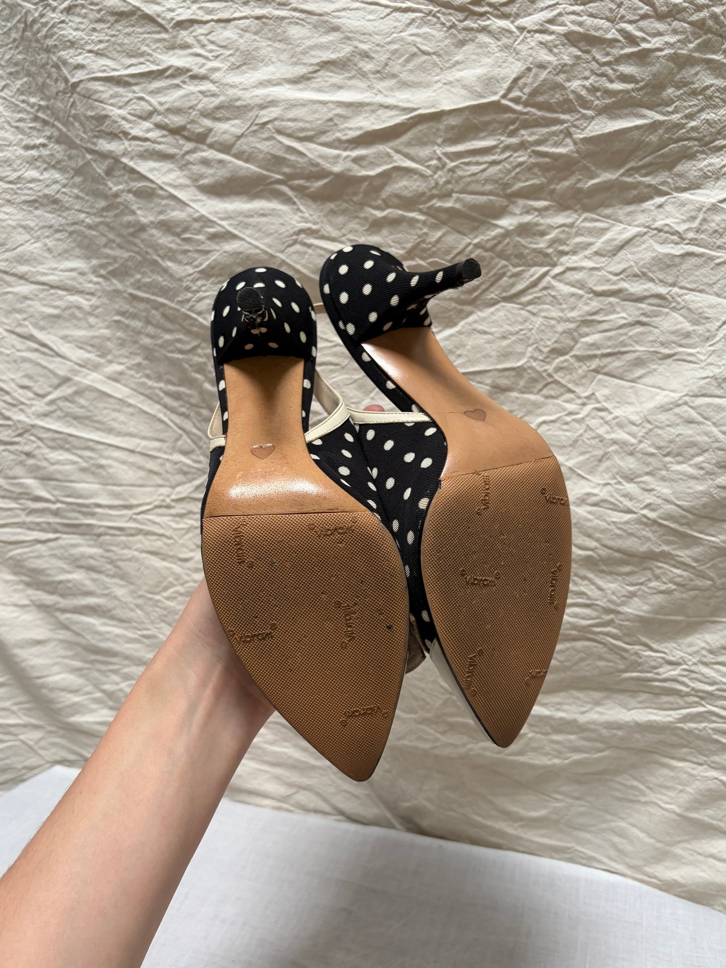 Vintage Moschino black & white polkadot slingback heels