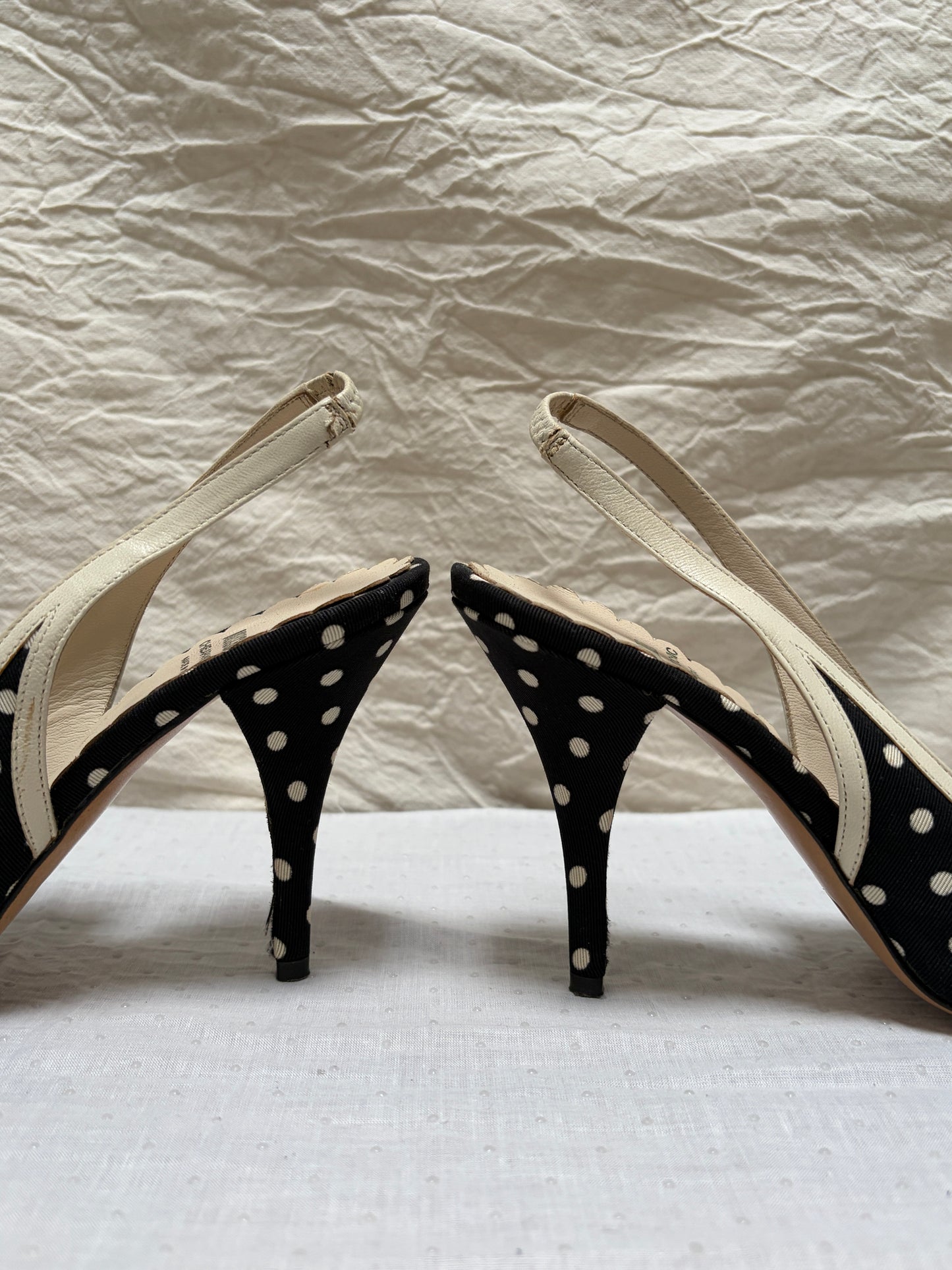 Vintage Moschino black & white polkadot slingback heels