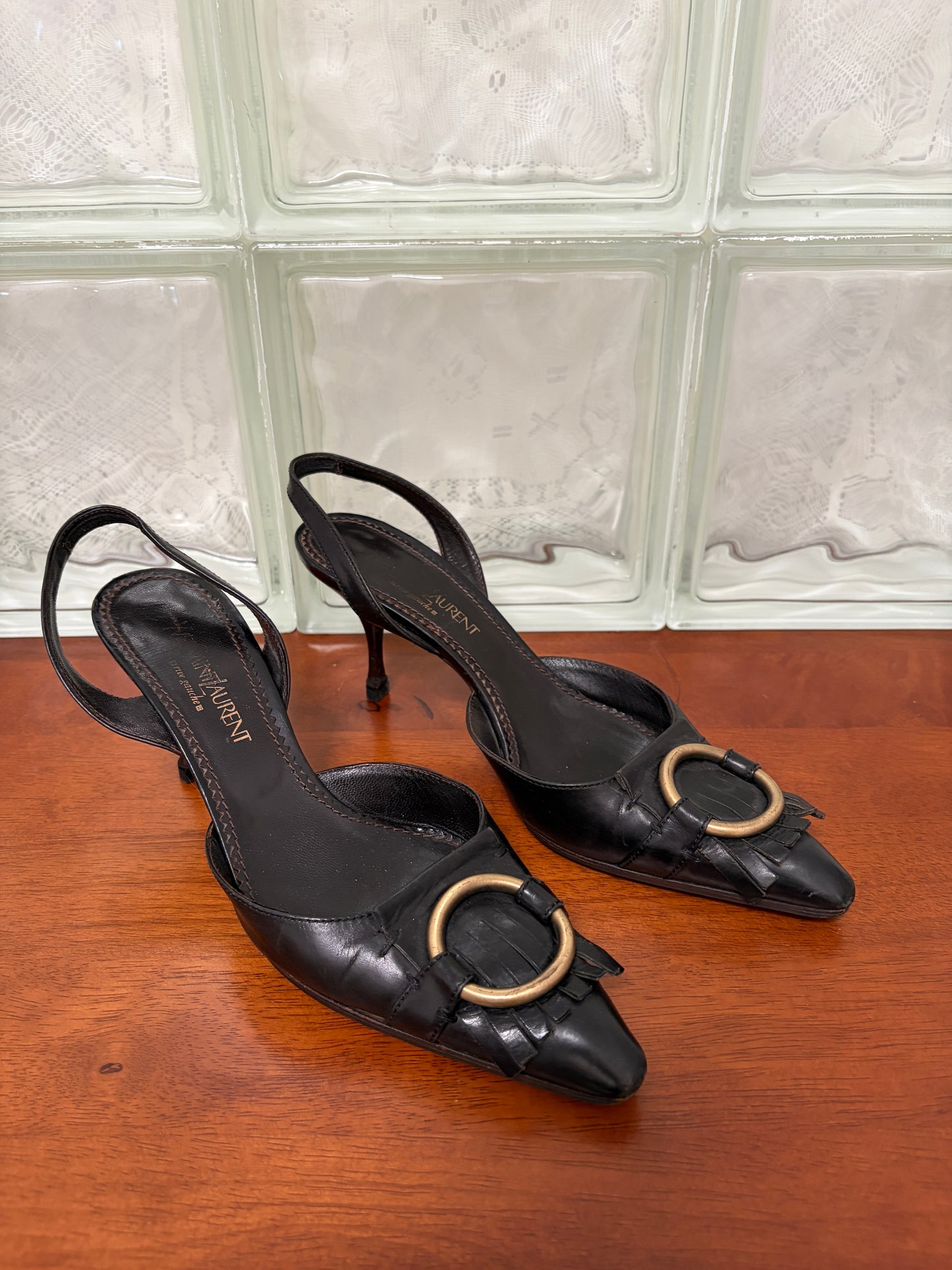 Vintage Yves Saint Laurent black leather pointed toe slingback kitten heels