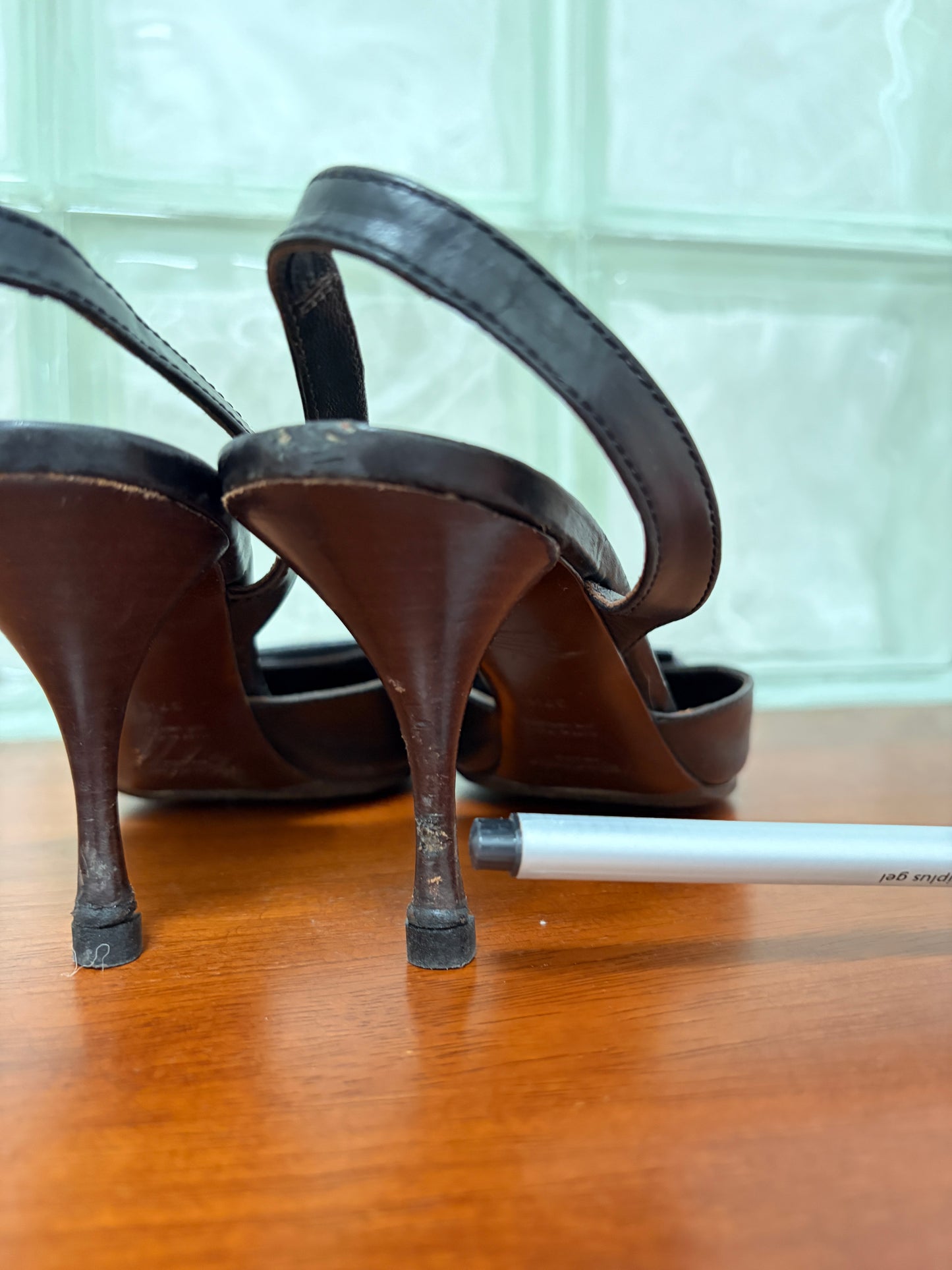 Vintage Yves Saint Laurent black leather pointed toe slingback kitten heels