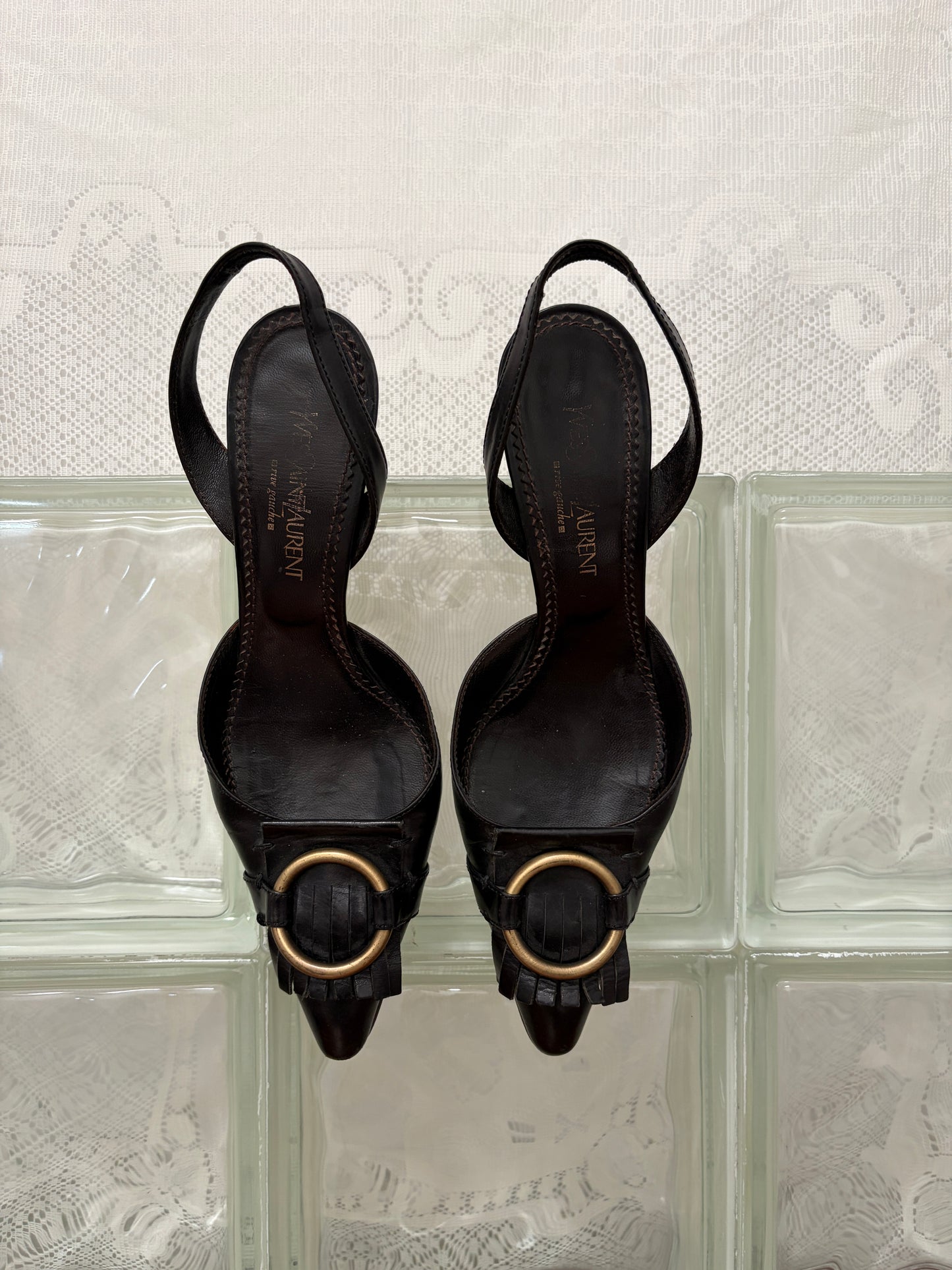Vintage Yves Saint Laurent black leather pointed toe slingback kitten heels