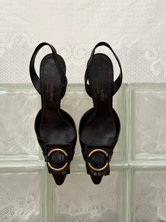 Vintage Yves Saint Laurent black leather pointed toe slingback kitten heels