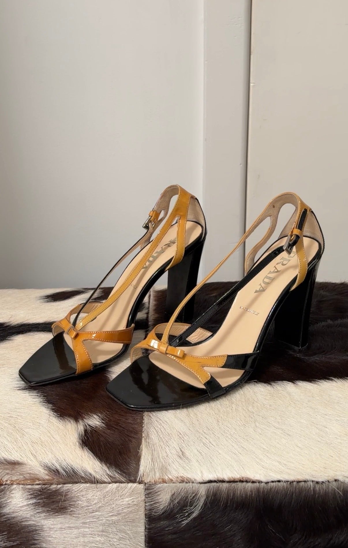 Vintage Prada patent leather strappy heels with bow