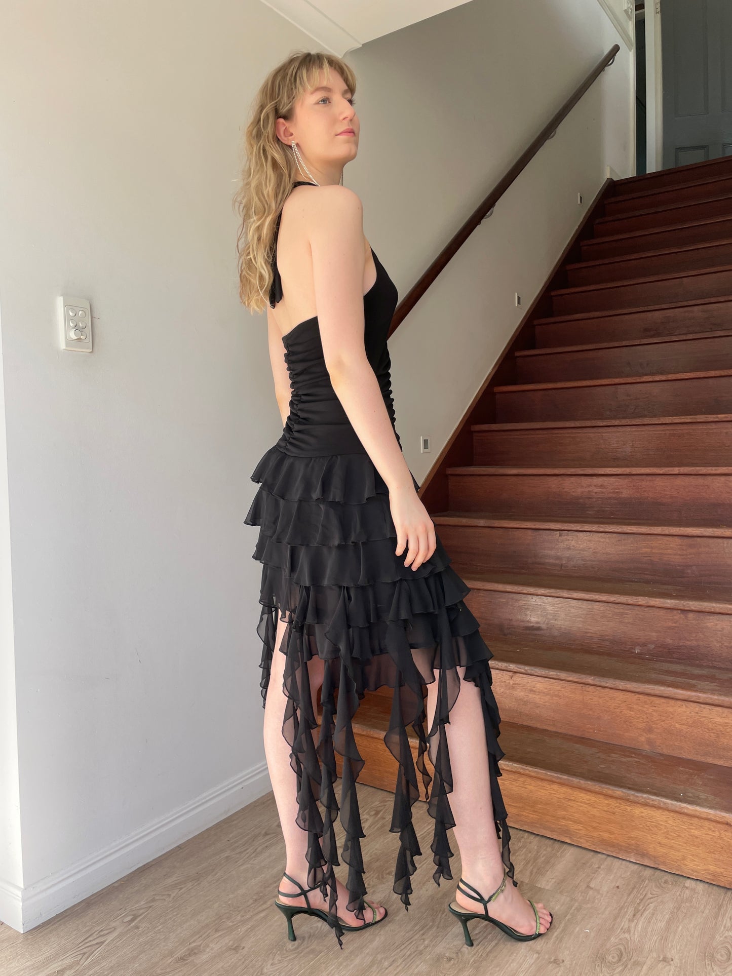 Vintage y2k black asymmetric ruffle halter neck dress