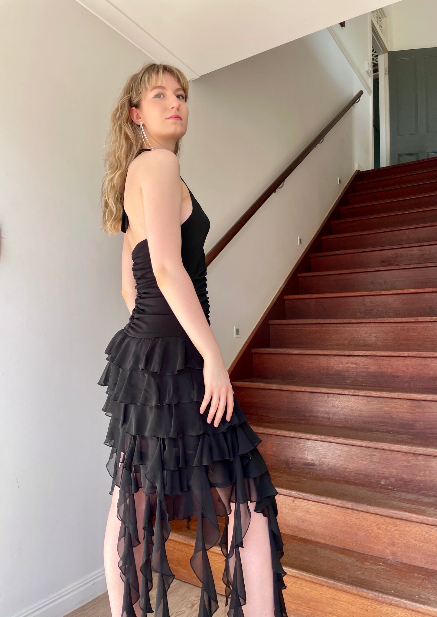 Vintage y2k black asymmetric ruffle halter neck dress