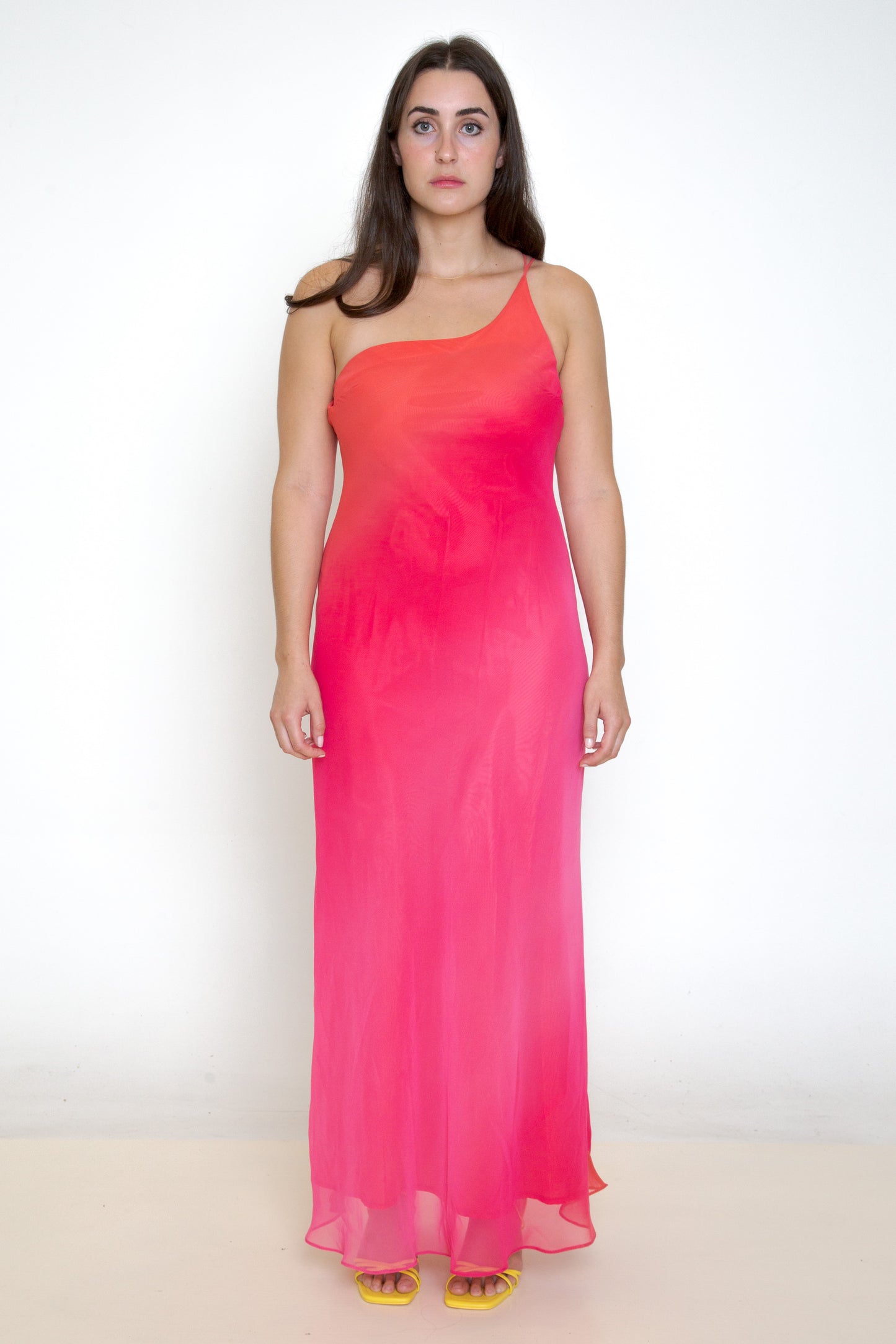 Vintage 90s pink orange one shoulder formal dress