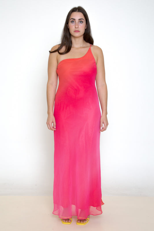 Vintage 90s pink orange one shoulder formal dress