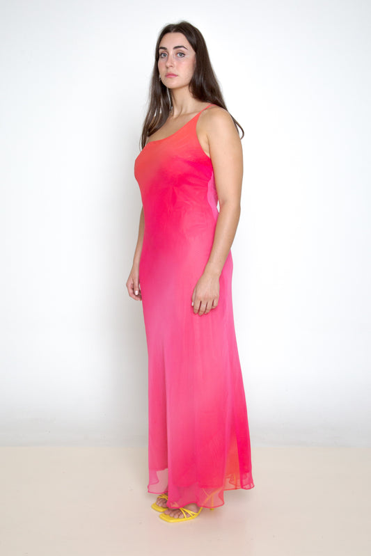 Vintage 90s pink orange one shoulder formal dress