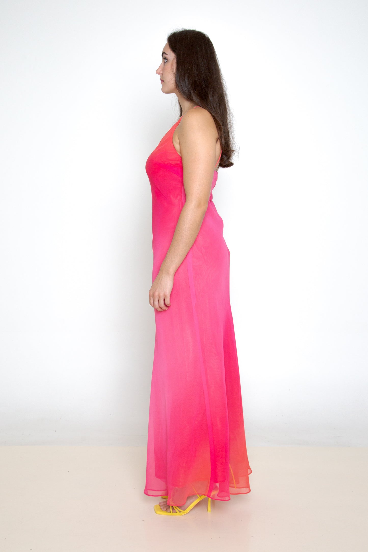 Vintage 90s pink orange one shoulder formal dress