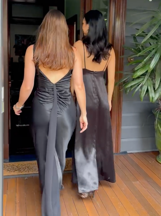 Vintage 80s does 30s black satin open back gown