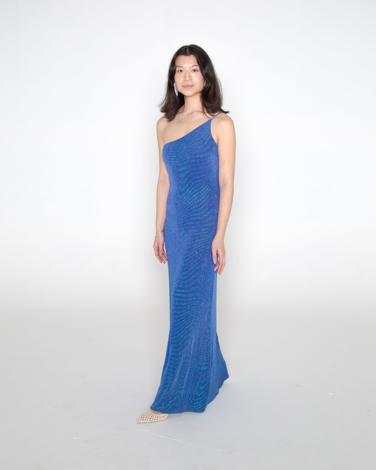 Josie Dress - Vintage 90s blue shimmery one shoulder gown