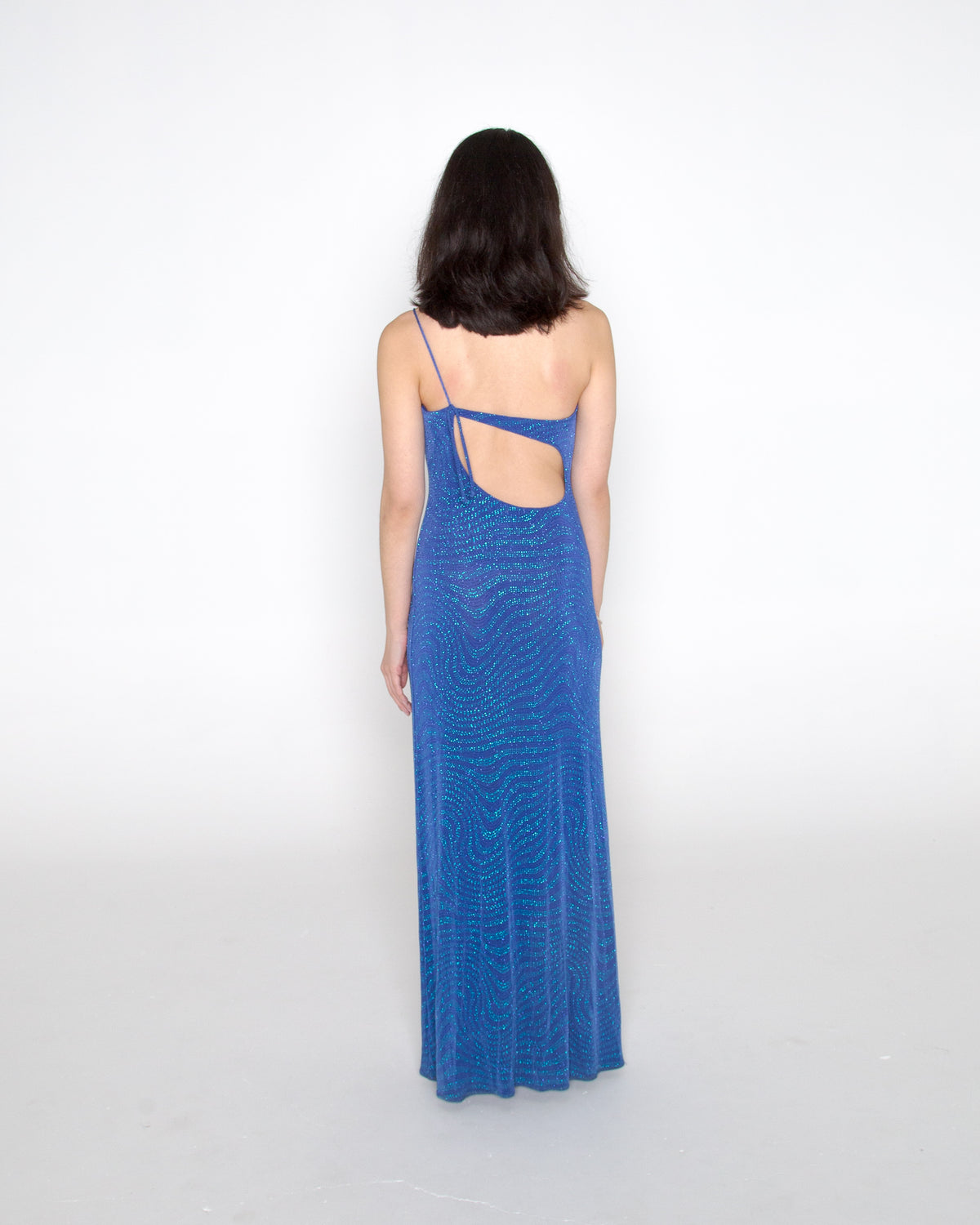 Josie Dress - Vintage 90s blue shimmery one shoulder gown