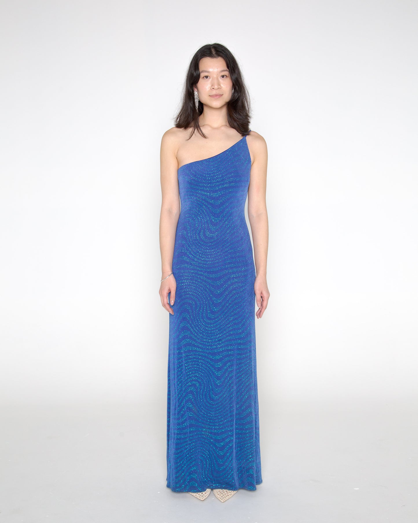 Josie Dress - Vintage 90s blue shimmery one shoulder gown