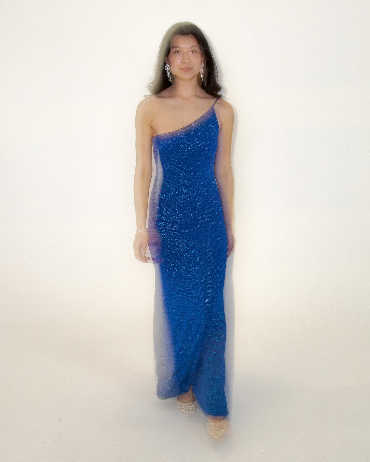 Josie Dress - Vintage 90s blue shimmery one shoulder gown