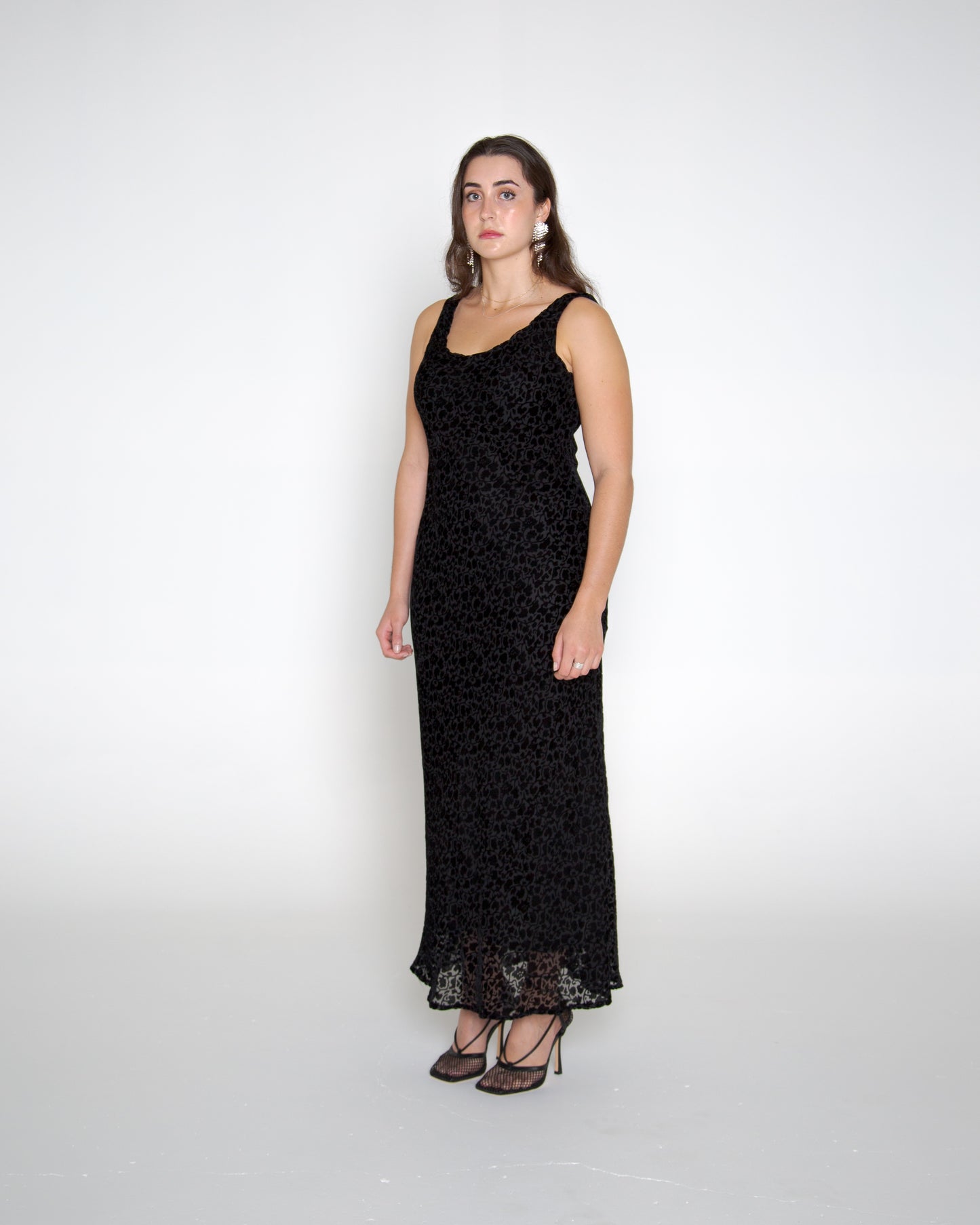 Vintage 90s black silk velvet burnout maxi dress