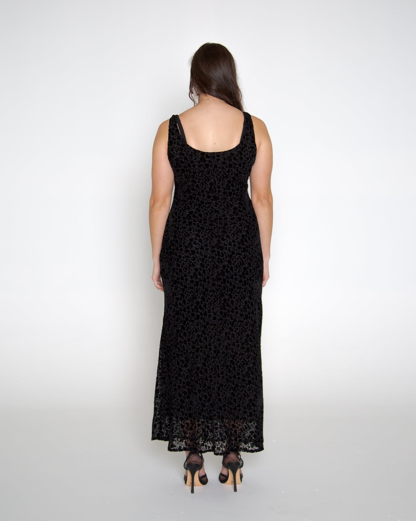 Vintage 90s black silk velvet burnout maxi dress