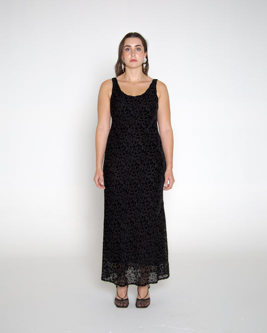 Vintage 90s black silk velvet burnout maxi dress