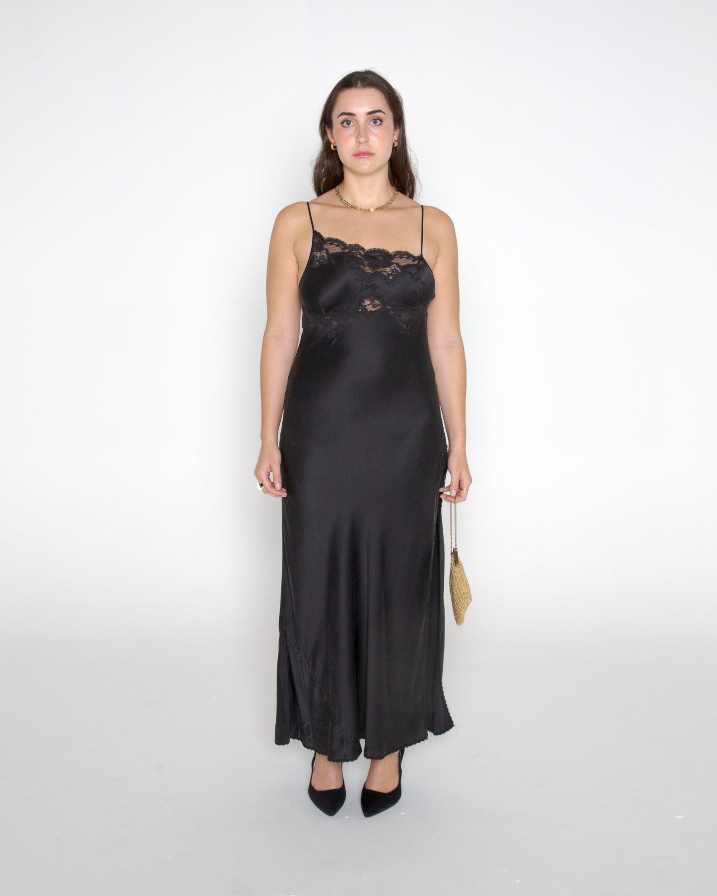 Vintage y2k silk bias cut lace trim slip dress