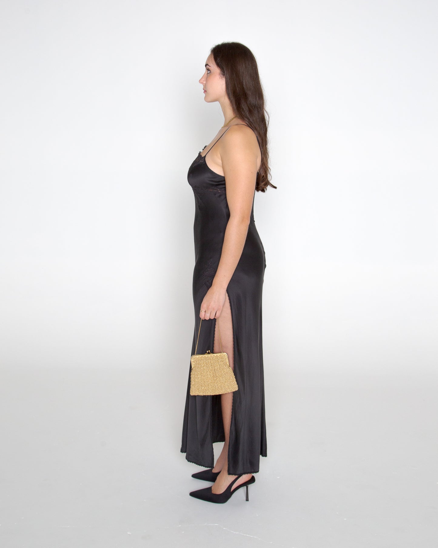 Vintage y2k silk bias cut lace trim slip dress