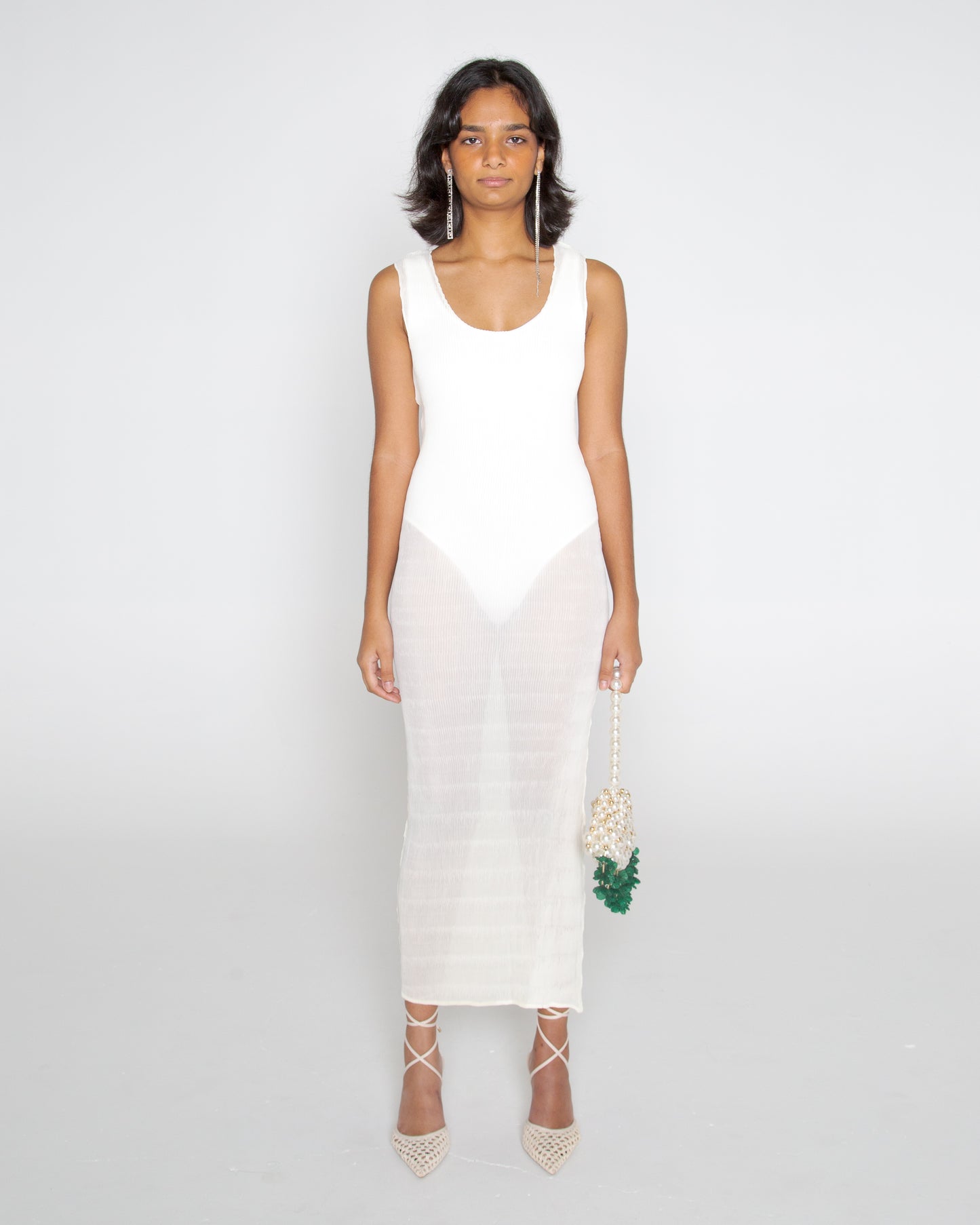 Vintage Y2K Cream perma pleated sheer midi dress